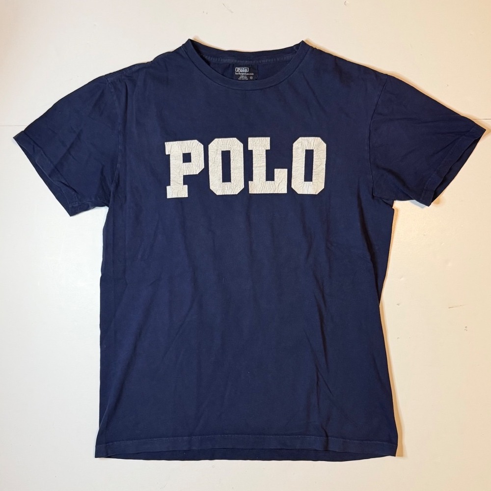 Vintage Polo Ralph Lauren T-Shirt Mens Small Navy Blue Cotton Spellout Logo Tee